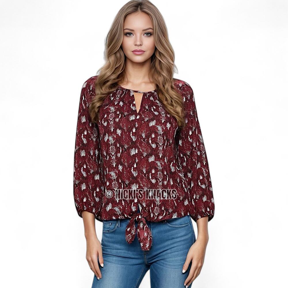 West K Tie Front Blouse Snake Print Burgundy 3/4 Sleeve Keyhole Chiffon Size S